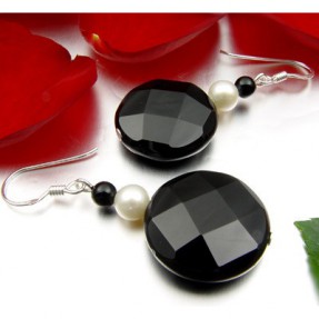 Ohrringe, echter Onyx facettiert, Perle, 925 Silber, schwarz-wei�