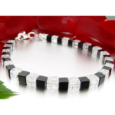 Armband aus Onyx & Bergkristall & 925 Silber, schwarz weiß, Würfel
