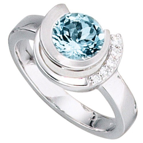Schmuck-Krone - Goldschmuck Wei�gold Ring Damenring, Aquamarin, Brillanten, 585 Gold