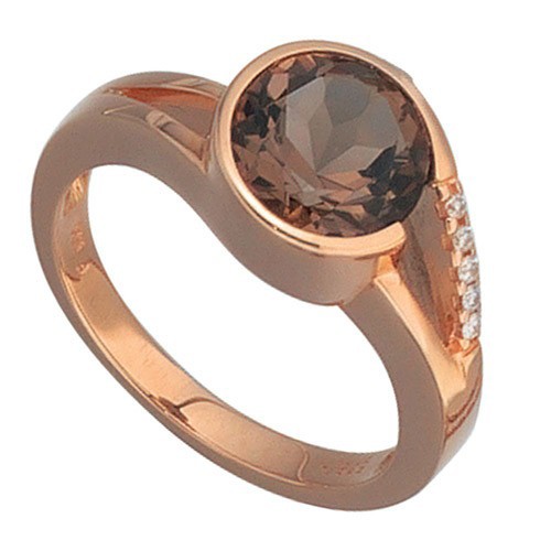 Rotgold Ring Goldring, Rauchquarz, Brillanten, 585 Gold