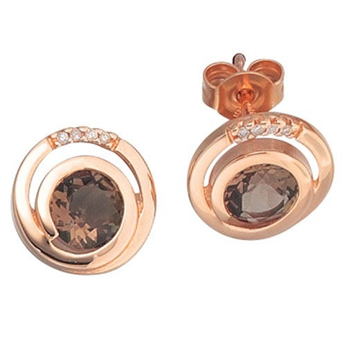 Rotgold Ohrstecker aus Rauchquarz, Brillanten, 585 Gold Rotgold