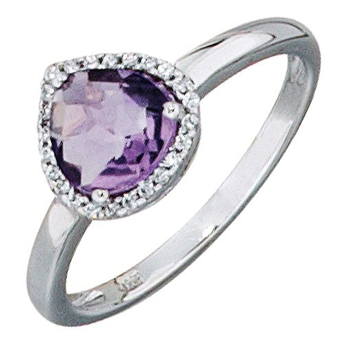 Schmuck-Krone - Goldschmuck Ring Damenring, 585 Wei�gold, Amethyst & 24 Diamanten Brillanten