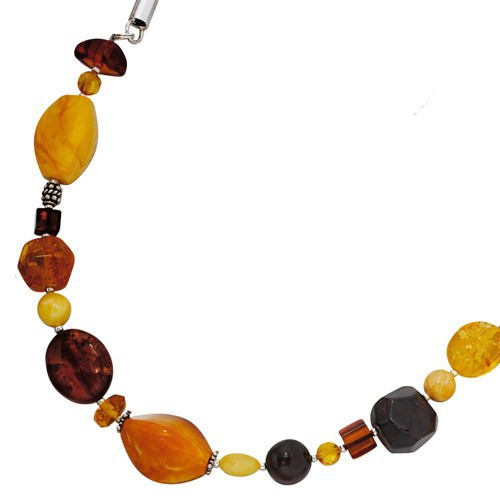 Kette Collier aus Bernstein & Leder, 925 Silber Sterlingsilber, 48cm
