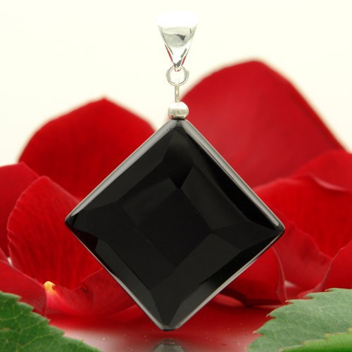 Anh�nger aus Onyx & 925 Silber, schwarz, Rhombus Rauten, facettiert