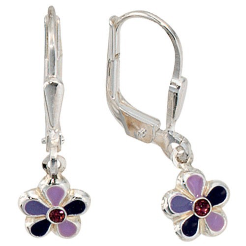 Ohrringe Ohrhänger Boutons, Glasstein, Blume, 925 Silber, lila, Kinder