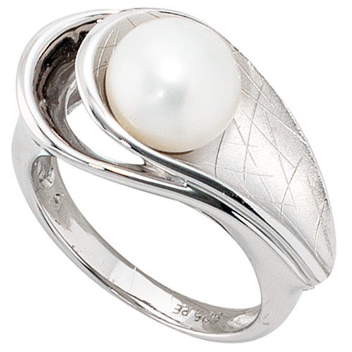 Damenring Ring mit Perle, 925 echt Silber, rhodiniert mattiert, Damen