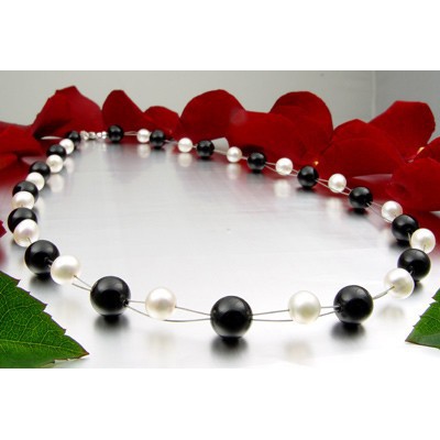 Kette Collier aus echten Onyx & Perlen, schwarz weiß, klassisch