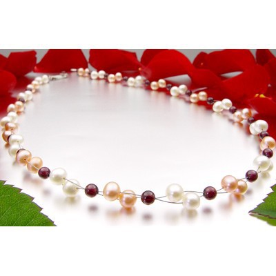Kette Collier aus echten Perlen & Granat weiß rose dunkelrot