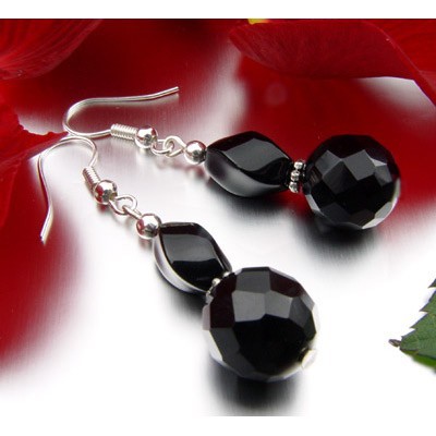 Ohrringe Ohrhänger, echter Onyx facettiert, 925 Silber, 4.7cm, schwarz