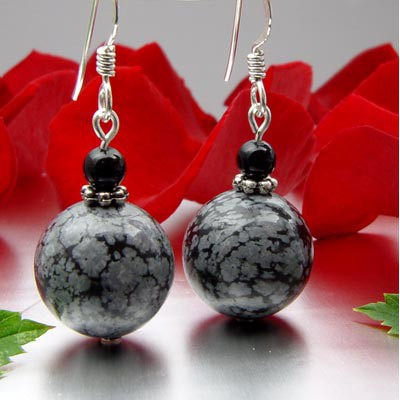 Ohrringe, Schneeflocken-Obsidian & Onyx, 925 Silber, grau-schwarz
