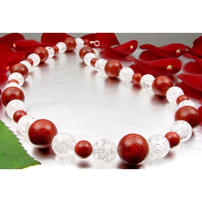 Kette Collier Koralle Bergkristall rot-weiß, 925 Silber, Damen