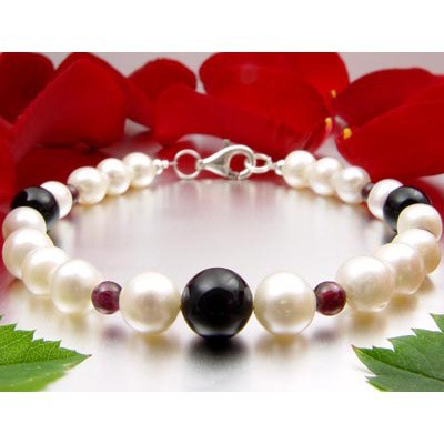 Armband, echte Onyx & Granat & Perlen, 925 Silber