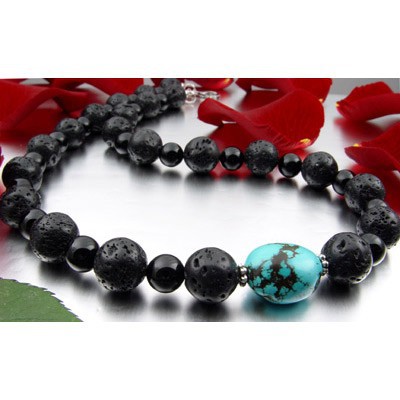 Kette Collier aus echtem Türkis & Lava & Onyx & 925 Silber
