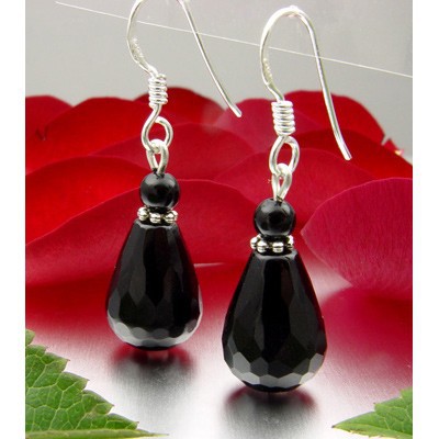Ohrringe Ohrhänger, echter Onyx facettiert, 925 Silber, schwarz