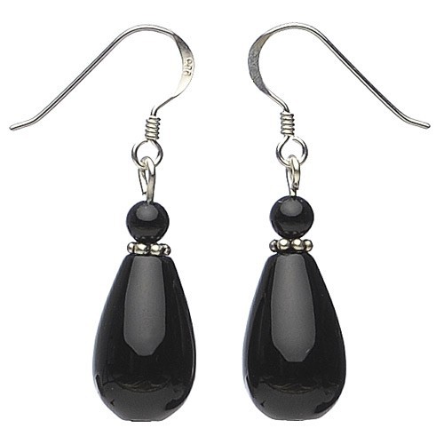 Ohrringe Ohrhänger Ohrhaken aus Onyx & 925 Silber, Tropfen schwarz